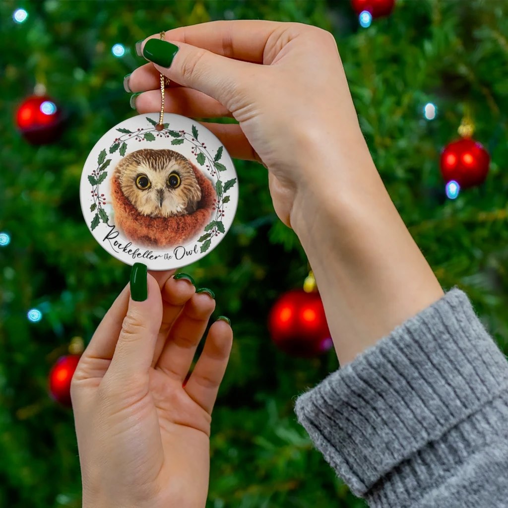 Rocky's face on a patterned disc hanging from a xmas tree. He's wrapped in his original orange scarf/sleeve