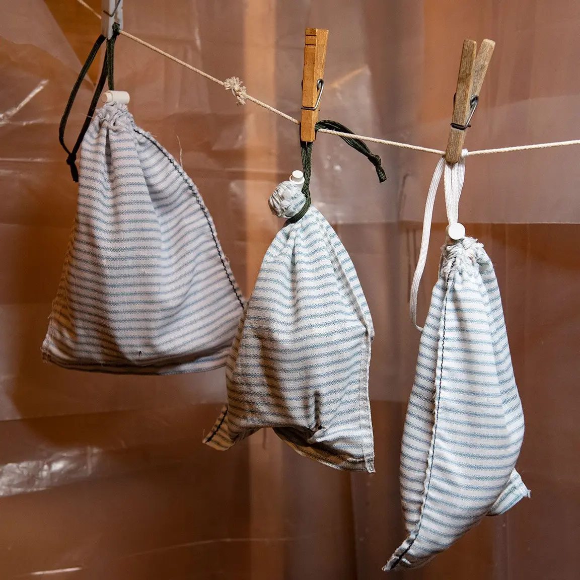 Three identical pouches are strung from a horizontal cord, affixed with wooden clothes pegs like garments on a washing line. The pouches, I think it's safe to assume, are laden with one Saw-Whet Owl each. Some trust has been placed in the springs of the pegs, given that these little goobers typically weigh around 80 grams or 2.8 ounces. For reference that's the weight of a very small banana, or a hefty lemon, but those things rarely try to escape once put in a bag.