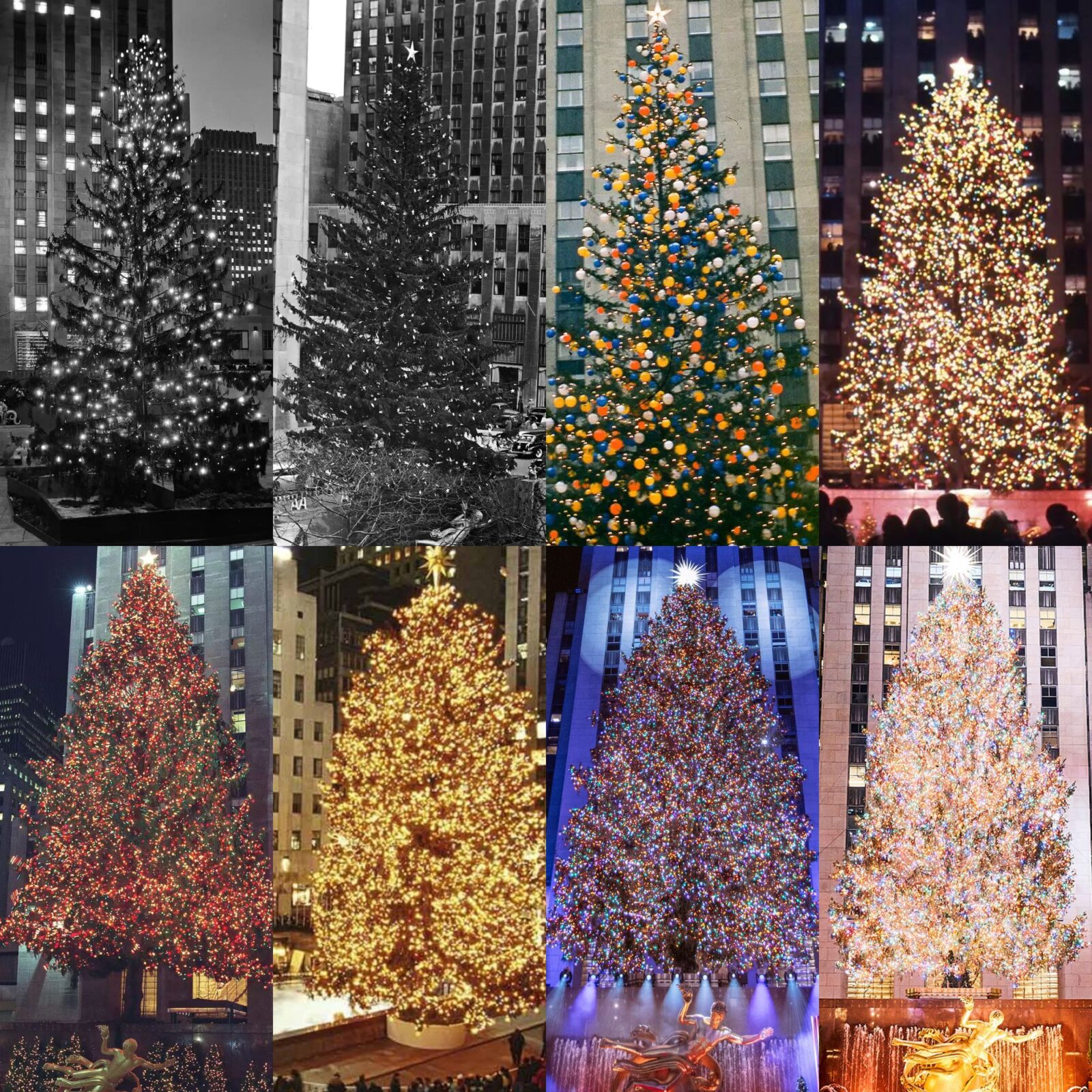 8x Rockfeller Christmas trees through the years, each with brilliant decorations and lights.
